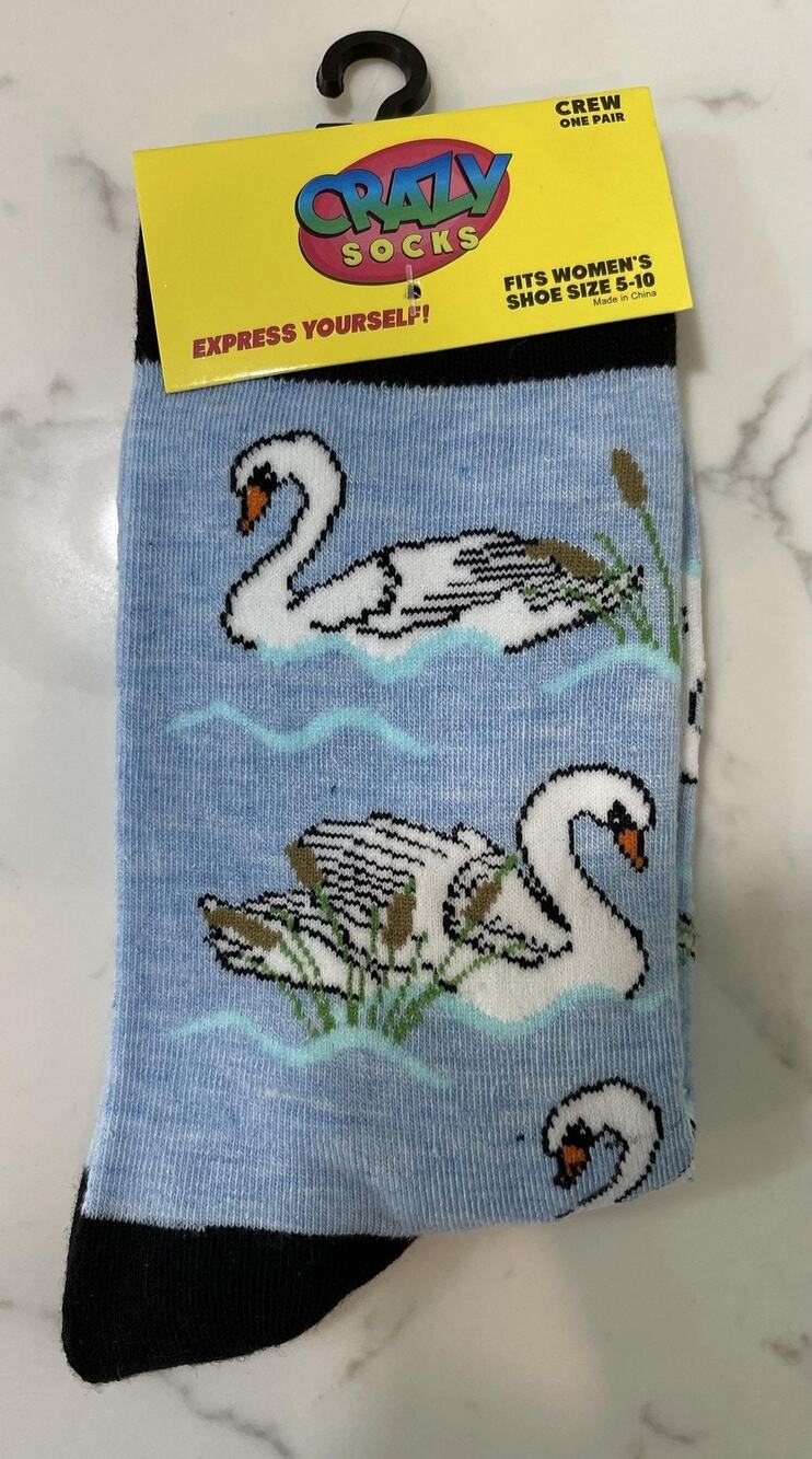 Crazy Socks Crew Socks Womens One Size Blue Swan Cotton Blend Mid Calf Knitted